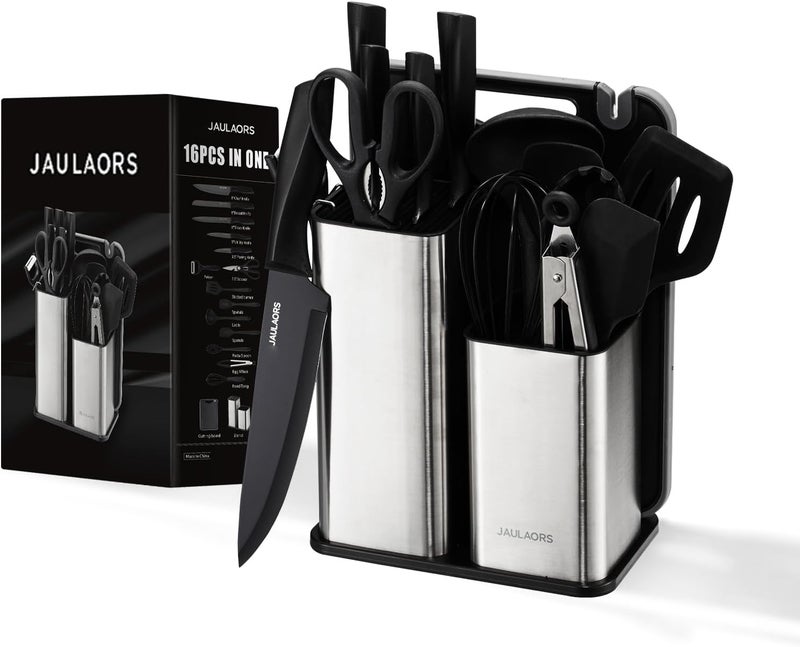 Jaulaors Knife Set with Block,16-Piece Kitchen Knives Stainless Steel,Pro-Sharpened for Cooking,Slicing,Mincing,Dicing,Black - Image 1